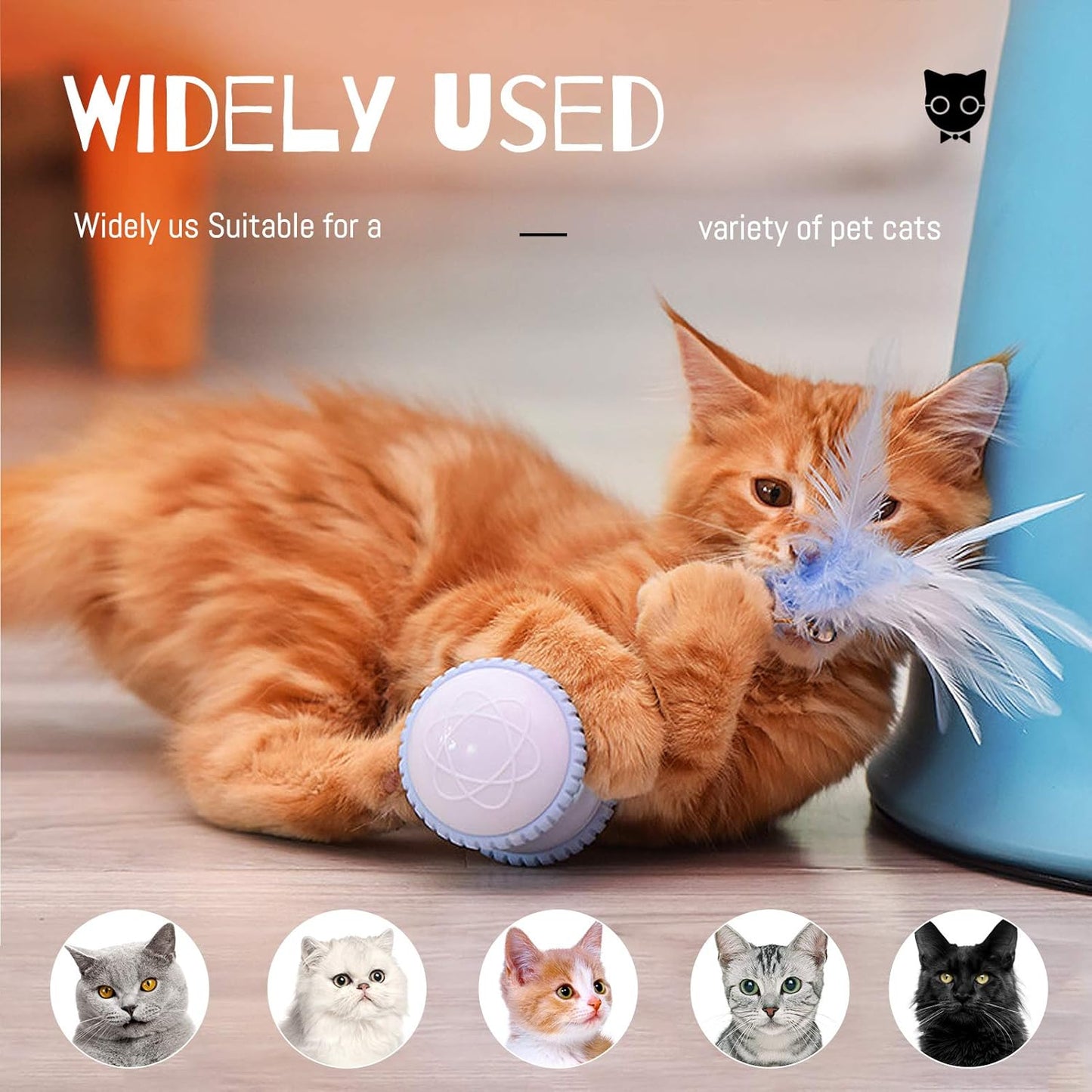 Automatic Cat Feather Toy, Interactive Indoor Electronic Irregular 360° Rotating Ball Rotating Cat Wheel Toys with LED Light, USB Rechargeable and Feather Replaceable (Blue)