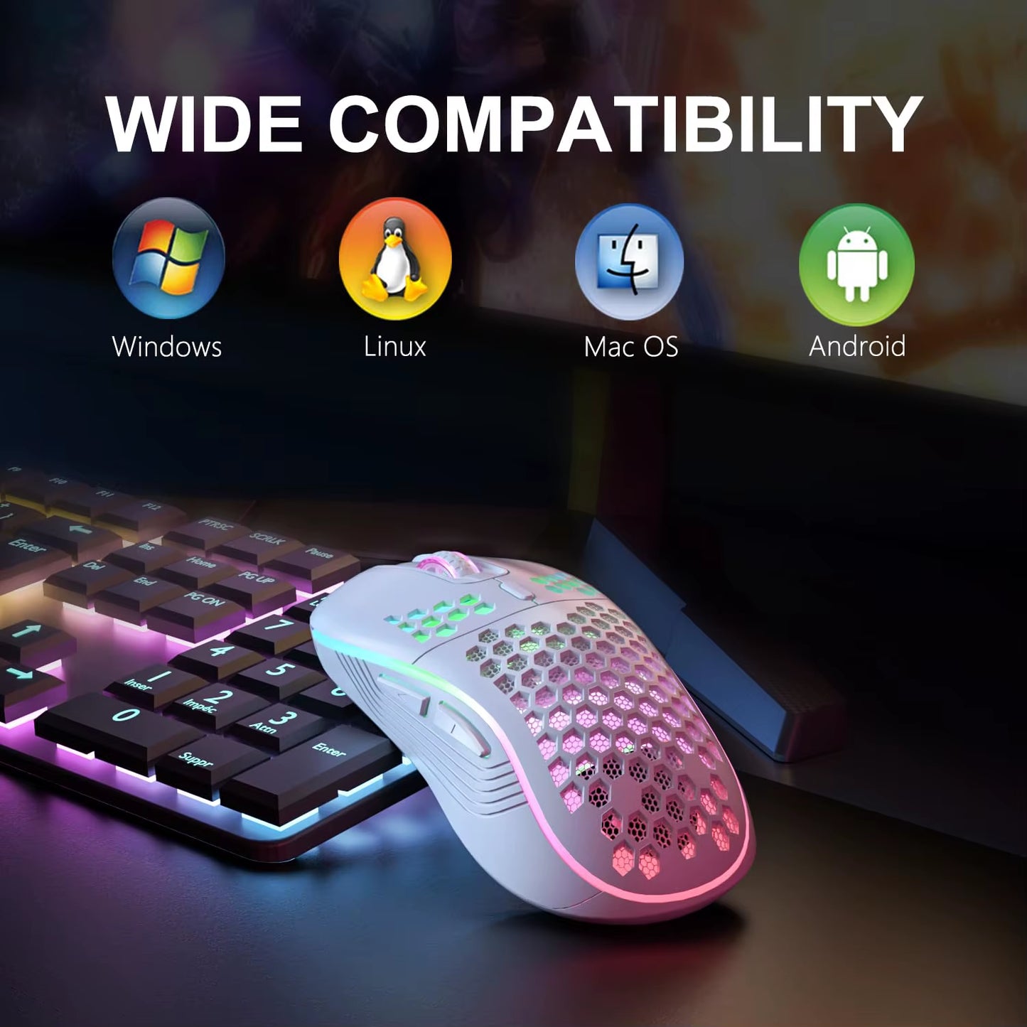 2.4GHz Wireless RGB Backlit Gaming Mouse with 6 Buttons, 3-Speed DPI, Type-C Rechargeable, Ergonomic Honeycomb Design