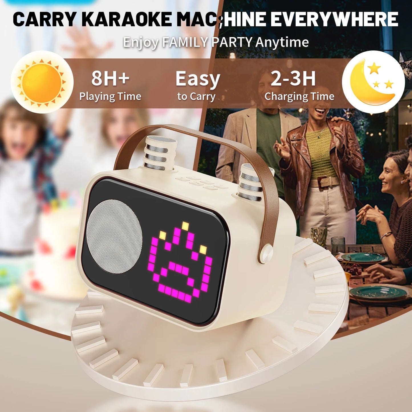 Karaoke Machine, Portable Karaoke Machine for Adult, 15 Kinds of Animation Display, Funny Magic Voice, D58-T-Beige