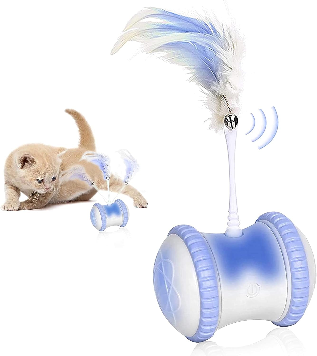 Automatic Cat Feather Toy, Interactive Indoor Electronic Irregular 360° Rotating Ball Rotating Cat Wheel Toys with LED Light, USB Rechargeable and Feather Replaceable (Blue)