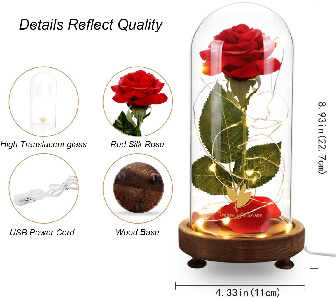 Mothers'Day Gifts for Mom,Beauty and the Beast Rose in Glass Dome,Birthday Gifts for Women,Red Silk Rose Forever Flowers with Lights,Mom Gift,Romantic Gifts for Her,Anniversary Birthday Gift