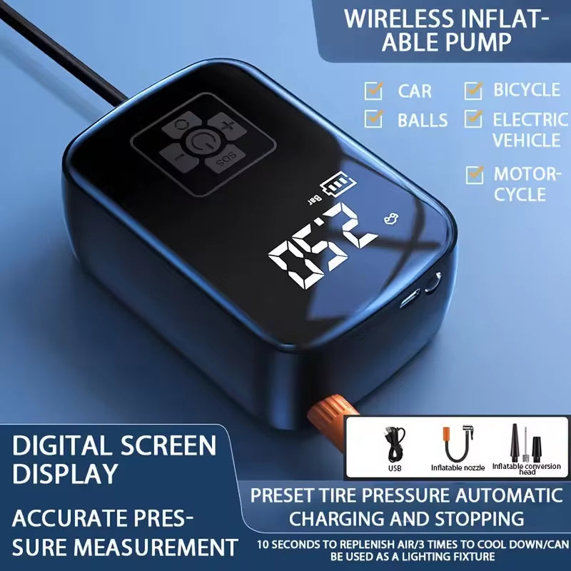 Wireless Electric Air Compressor and Tire Inflator for Motorcycles, Bicycles, Boats, and Automotive Applications