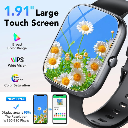 2025 NEW 1.91''HD Screen Smart Watch for Android and Iphone,Answer/Make Calls/100 Sports Modes/Message Reminder,Ip68 Waterproof Outdoor Fitness Tracker Women Men,(Perfect for Holiday Gifts)