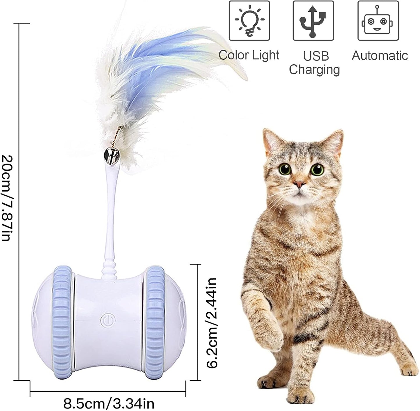 Automatic Cat Feather Toy, Interactive Indoor Electronic Irregular 360° Rotating Ball Rotating Cat Wheel Toys with LED Light, USB Rechargeable and Feather Replaceable (Blue)