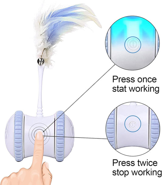 Automatic Cat Feather Toy, Interactive Indoor Electronic Irregular 360° Rotating Ball Rotating Cat Wheel Toys with LED Light, USB Rechargeable and Feather Replaceable (Blue)