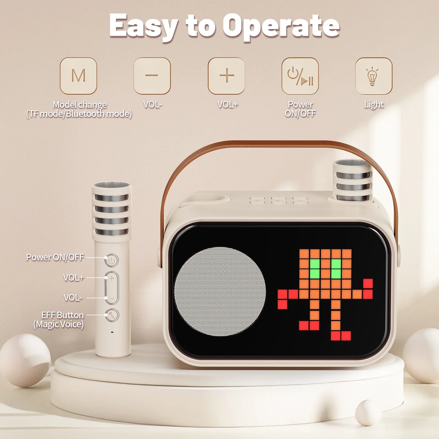 Karaoke Machine, Portable Karaoke Machine for Adult, 15 Kinds of Animation Display, Funny Magic Voice, D58-T-Beige