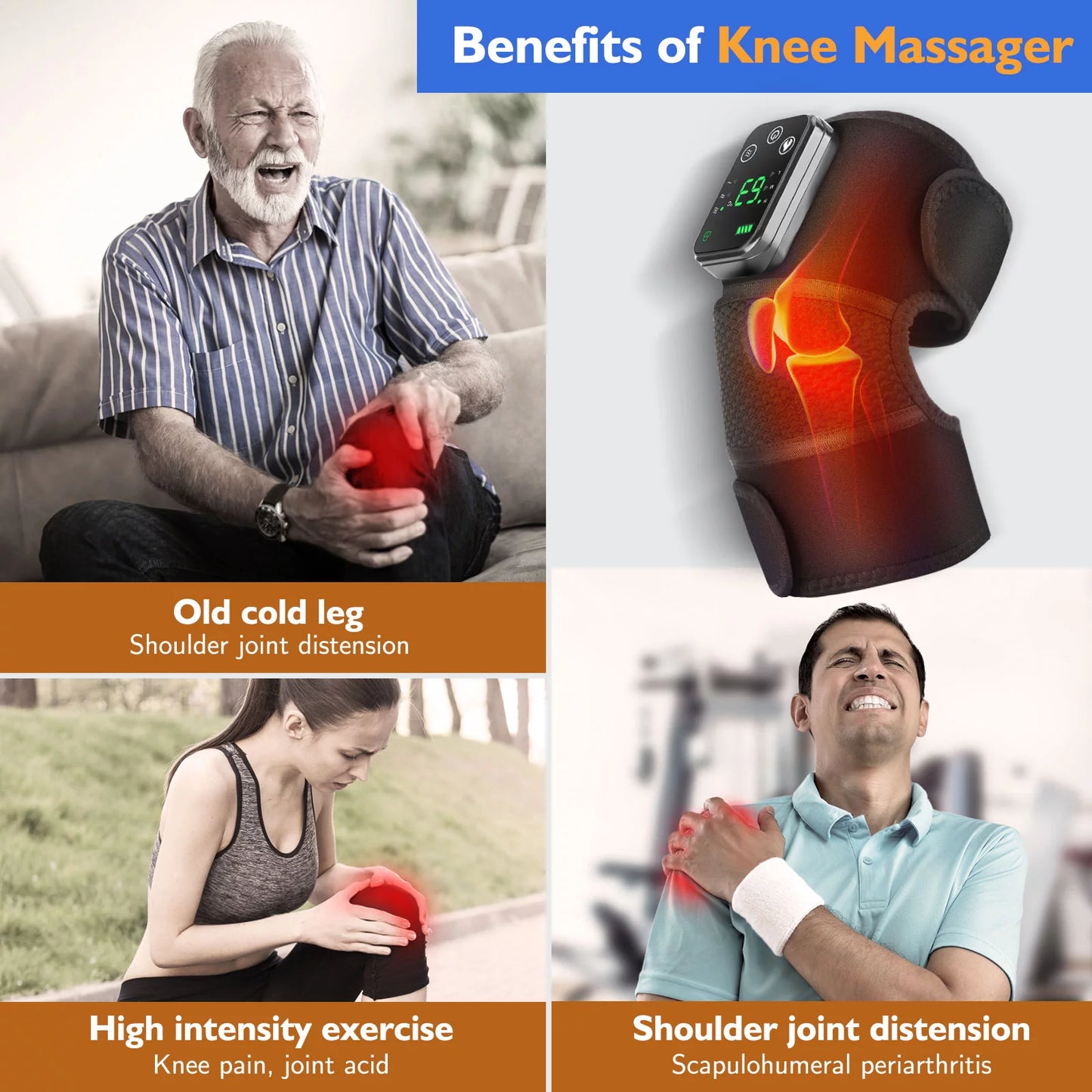 3 In1 Knee Shoulder Elbow Support Brace,Heated Knee Massager,Vibration Heating Pads for Relaxing Knee Shoulder Elbow,Cordless Massage Machine for Men Women