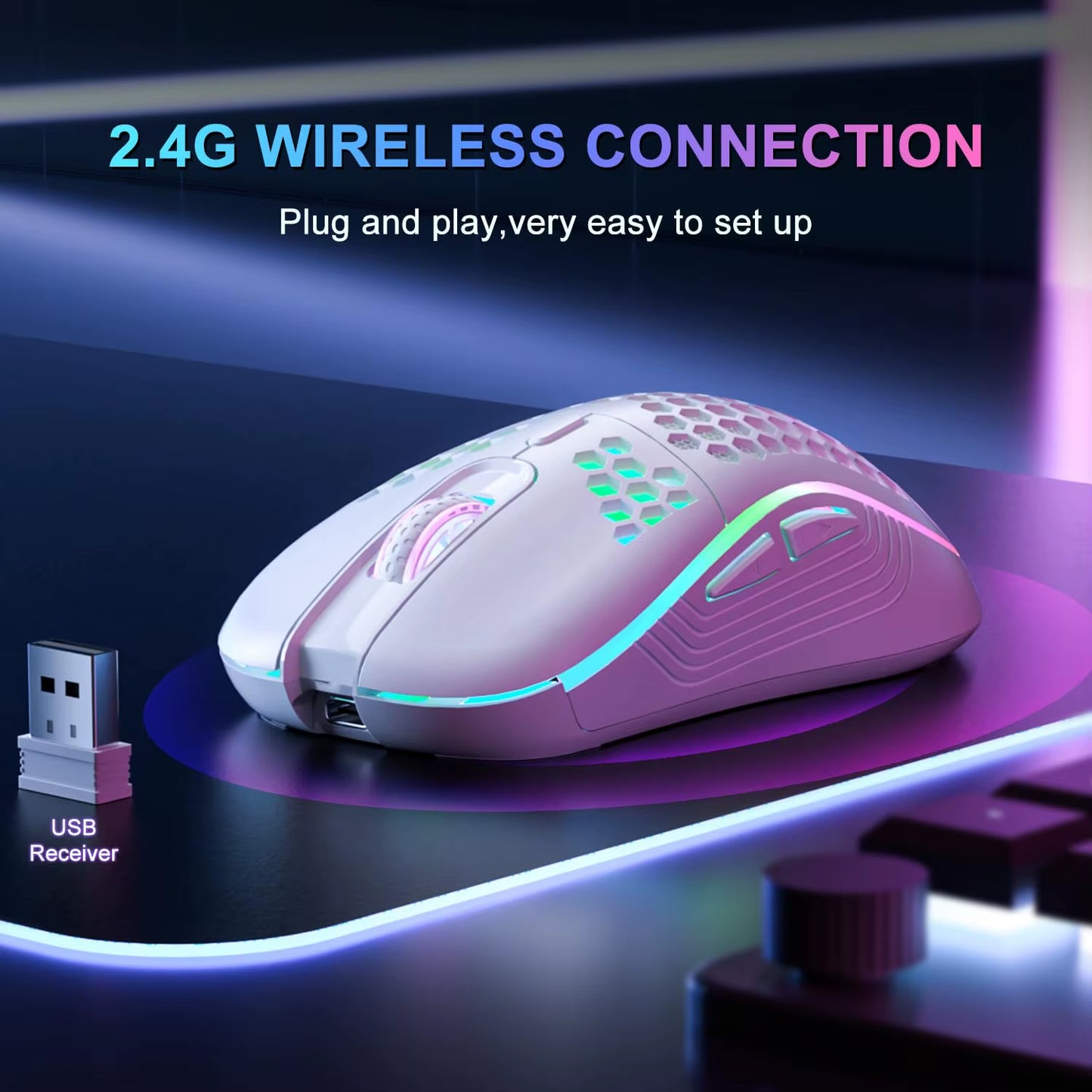 2.4GHz Wireless RGB Backlit Gaming Mouse with 6 Buttons, 3-Speed DPI, Type-C Rechargeable, Ergonomic Honeycomb Design