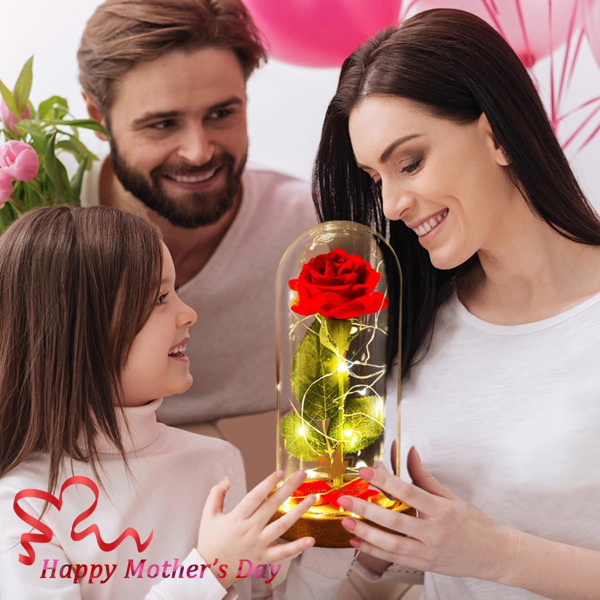 Mothers'Day Gifts for Mom,Beauty and the Beast Rose in Glass Dome,Birthday Gifts for Women,Red Silk Rose Forever Flowers with Lights,Mom Gift,Romantic Gifts for Her,Anniversary Birthday Gift