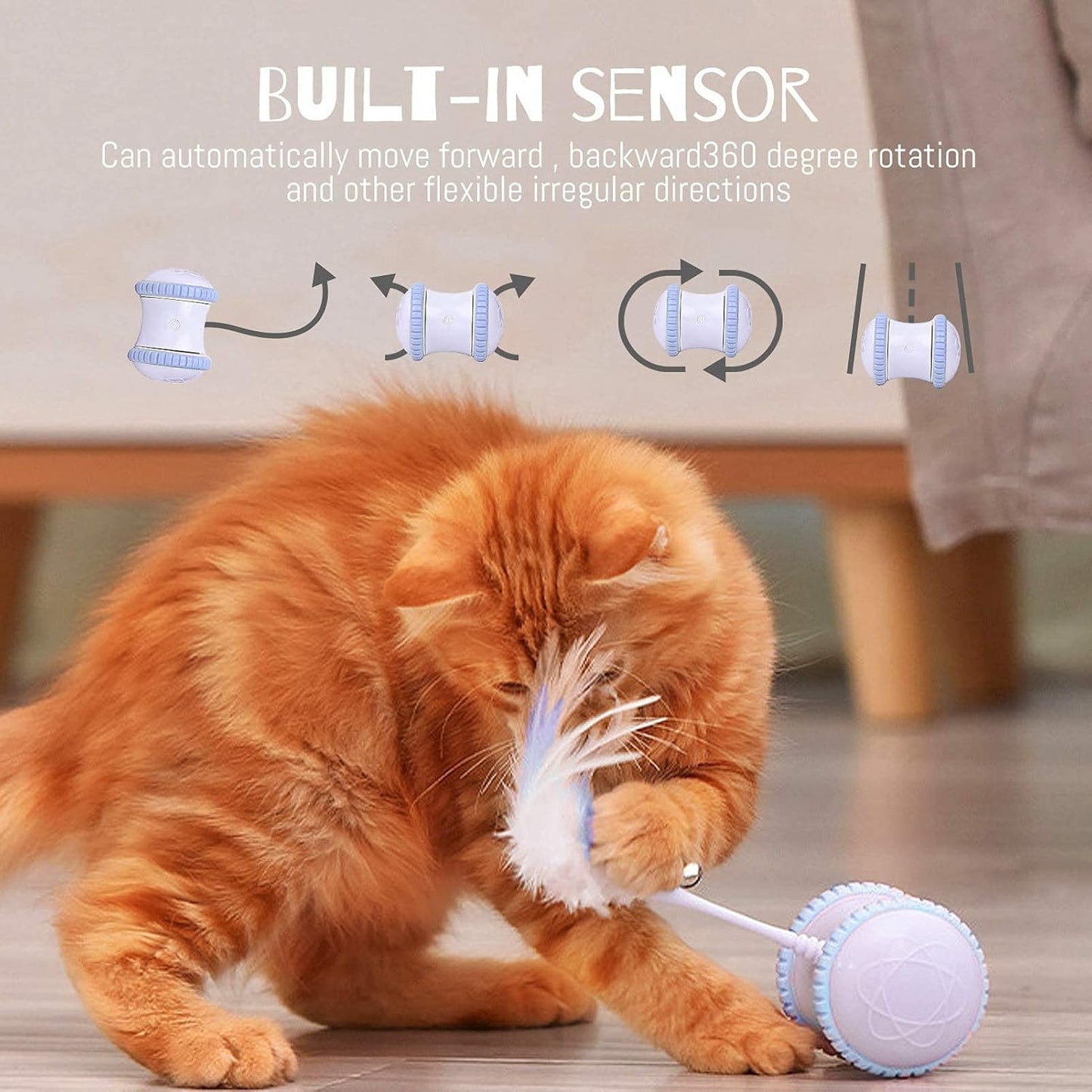 Automatic Cat Feather Toy, Interactive Indoor Electronic Irregular 360° Rotating Ball Rotating Cat Wheel Toys with LED Light, USB Rechargeable and Feather Replaceable (Blue)