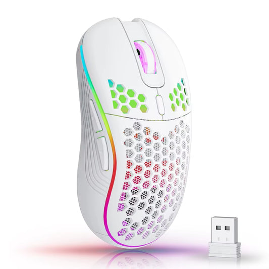 2.4GHz Wireless RGB Backlit Gaming Mouse with 6 Buttons, 3-Speed DPI, Type-C Rechargeable, Ergonomic Honeycomb Design