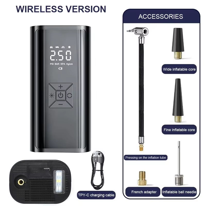 Wireless Electric Air Compressor and Tire Inflator for Motorcycles, Bicycles, Boats, and Automotive Applications