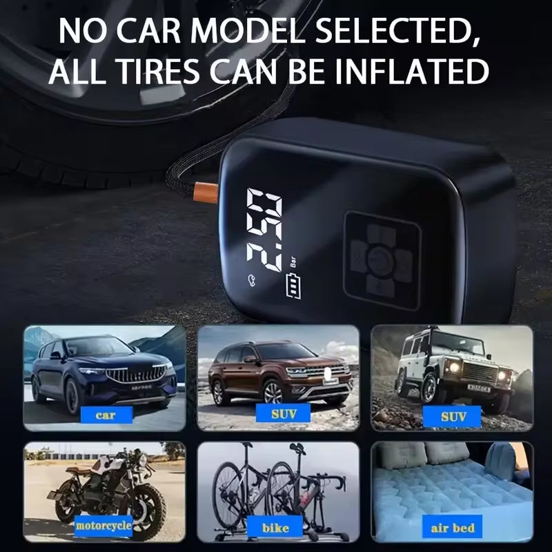 Wireless Electric Air Compressor and Tire Inflator for Motorcycles, Bicycles, Boats, and Automotive Applications