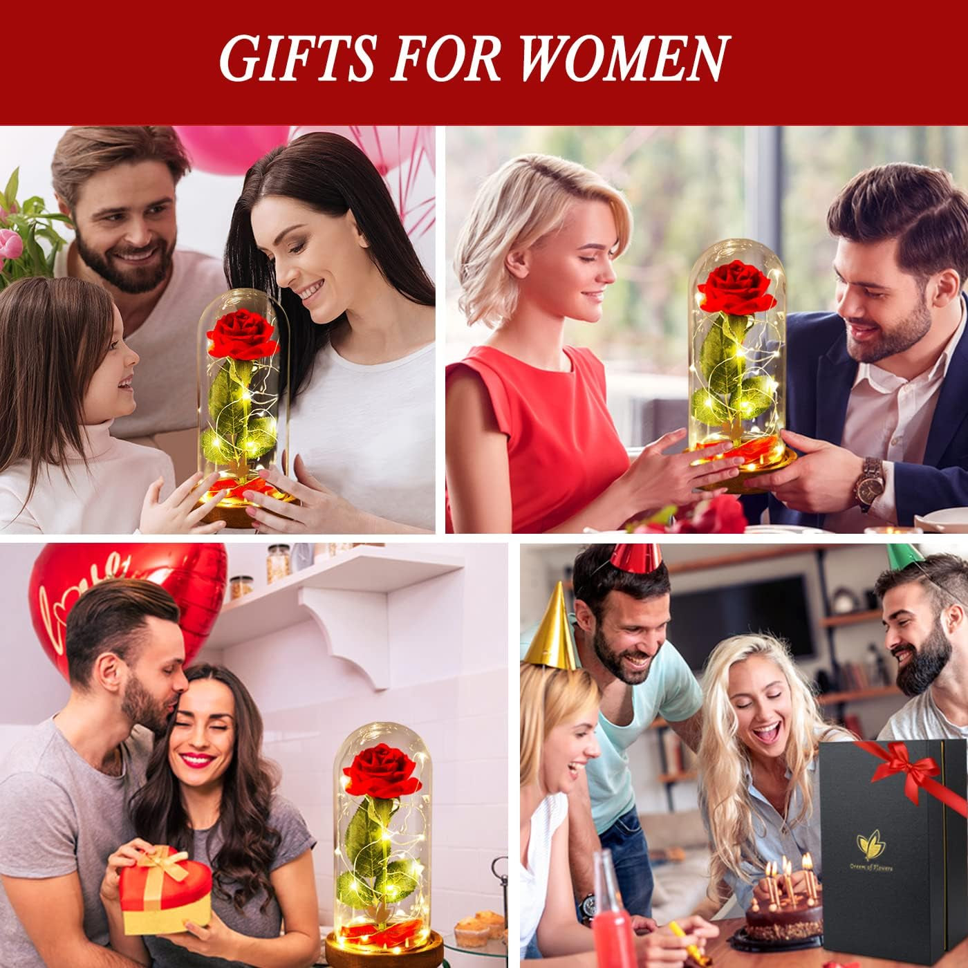 Mothers'Day Gifts for Mom,Beauty and the Beast Rose in Glass Dome,Birthday Gifts for Women,Red Silk Rose Forever Flowers with Lights,Mom Gift,Romantic Gifts for Her,Anniversary Birthday Gift
