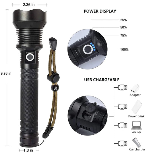 990000 Lumens Powerful Flashlight Rechargeable XHP90 Super Bright Waterproof Led Tactical Flashlight 5 Mode USB Zoom Torch for Camping Emergency