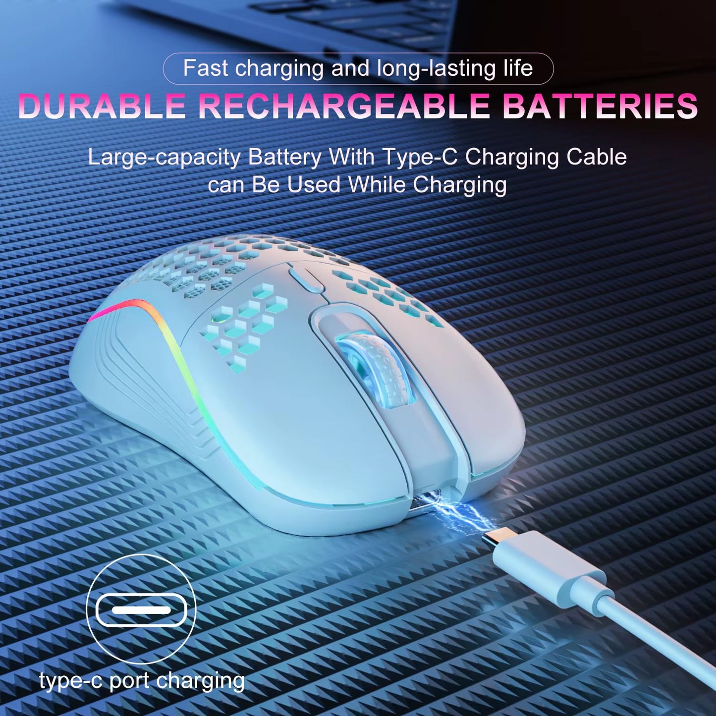 2.4GHz Wireless RGB Backlit Gaming Mouse with 6 Buttons, 3-Speed DPI, Type-C Rechargeable, Ergonomic Honeycomb Design