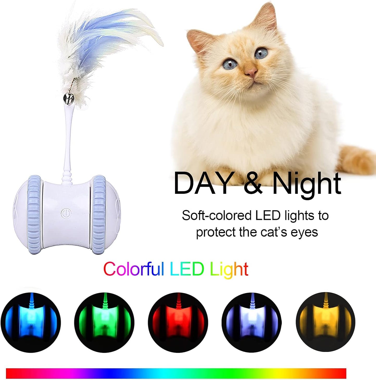 Automatic Cat Feather Toy, Interactive Indoor Electronic Irregular 360° Rotating Ball Rotating Cat Wheel Toys with LED Light, USB Rechargeable and Feather Replaceable (Blue)