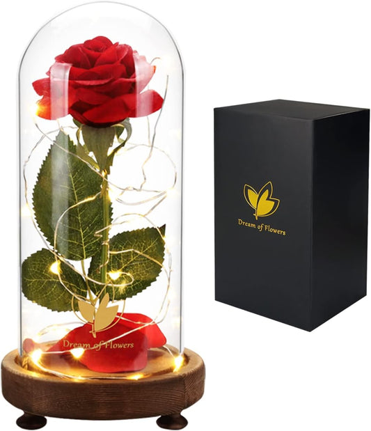 Mothers'Day Gifts for Mom,Beauty and the Beast Rose in Glass Dome,Birthday Gifts for Women,Red Silk Rose Forever Flowers with Lights,Mom Gift,Romantic Gifts for Her,Anniversary Birthday Gift