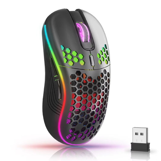 2.4GHz Wireless RGB Backlit Gaming Mouse with 6 Buttons, 3-Speed DPI, Type-C Rechargeable, Ergonomic Honeycomb Design