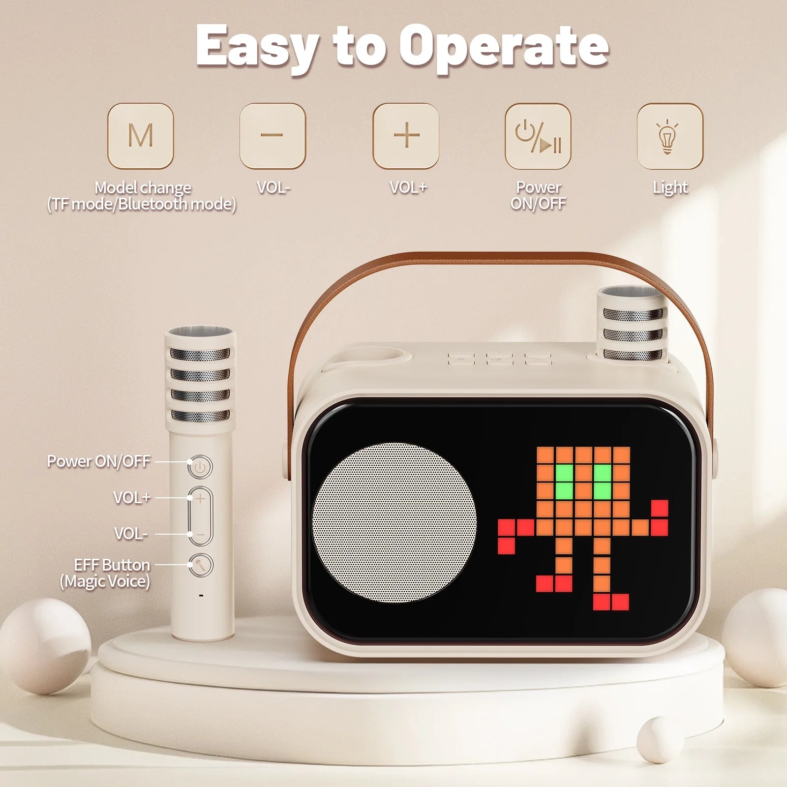 Karaoke Machine, Portable Karaoke Machine for Adult, 15 Kinds of Animation Display, Funny Magic Voice, D58-T-Beige