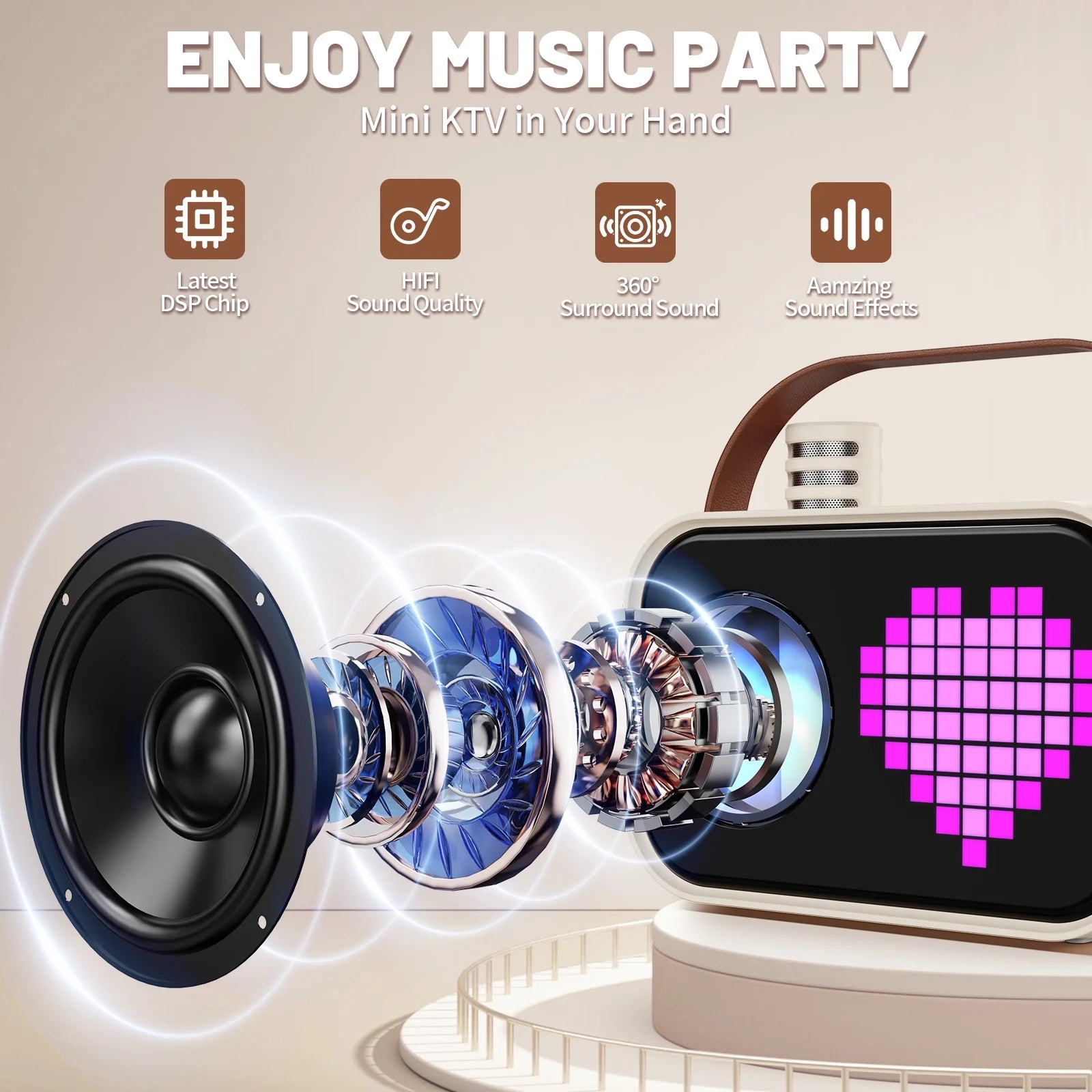 Karaoke Machine, Portable Karaoke Machine for Adult, 15 Kinds of Animation Display, Funny Magic Voice, D58-T-Beige