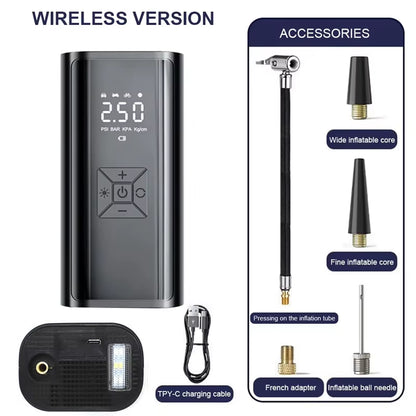 Wireless Electric Air Compressor and Tire Inflator for Motorcycles, Bicycles, Boats, and Automotive Applications