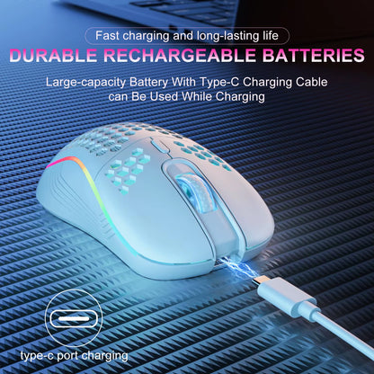 2.4GHz Wireless RGB Backlit Gaming Mouse with 6 Buttons, 3-Speed DPI, Type-C Rechargeable, Ergonomic Honeycomb Design