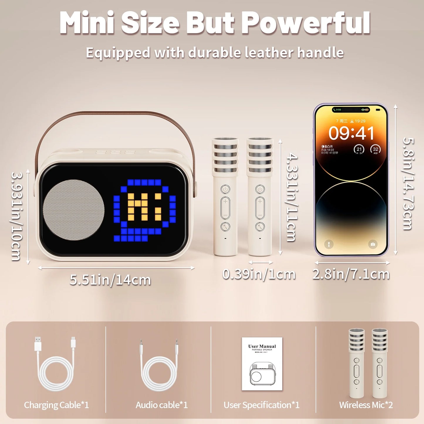 Karaoke Machine, Portable Karaoke Machine for Adult, 15 Kinds of Animation Display, Funny Magic Voice, D58-T-Beige
