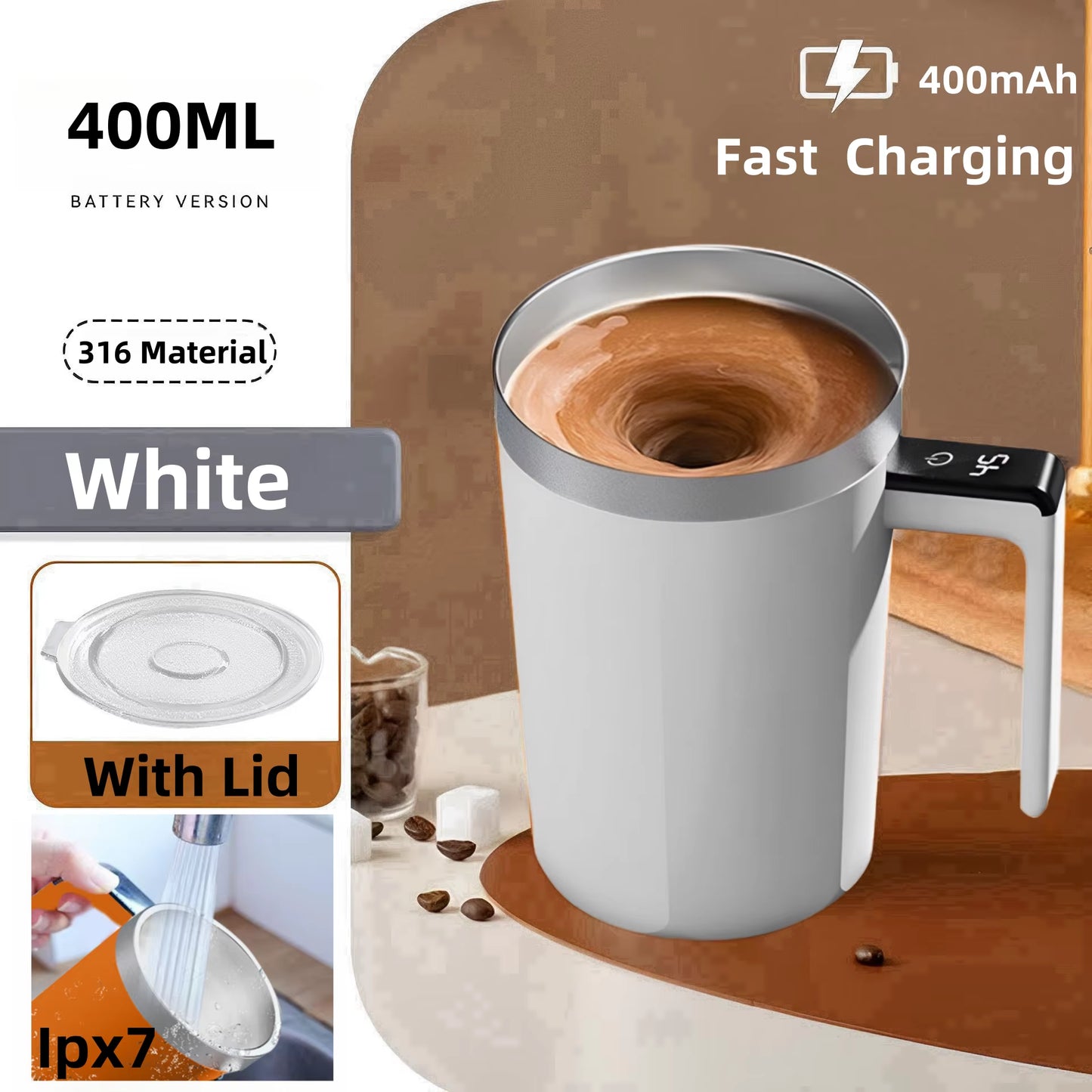USB Rechargeable Automatic Magnetic Self-Mixing Coffee Mug - IP67 Waterproof, Food Safe, 380ML Capacity for Coffee and Tea